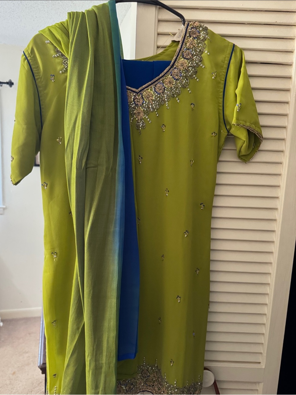 Embroidered Lime Green Midi Dress with Blue Lining